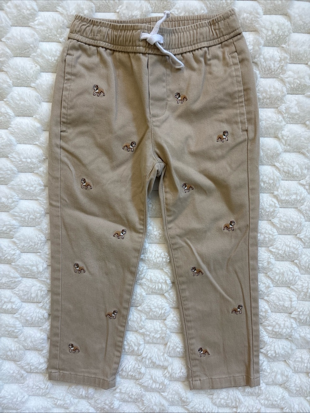 Janie and Jack Khaki Embroidered Pant Bulldog Print Elastic Waist Size 3 Classic